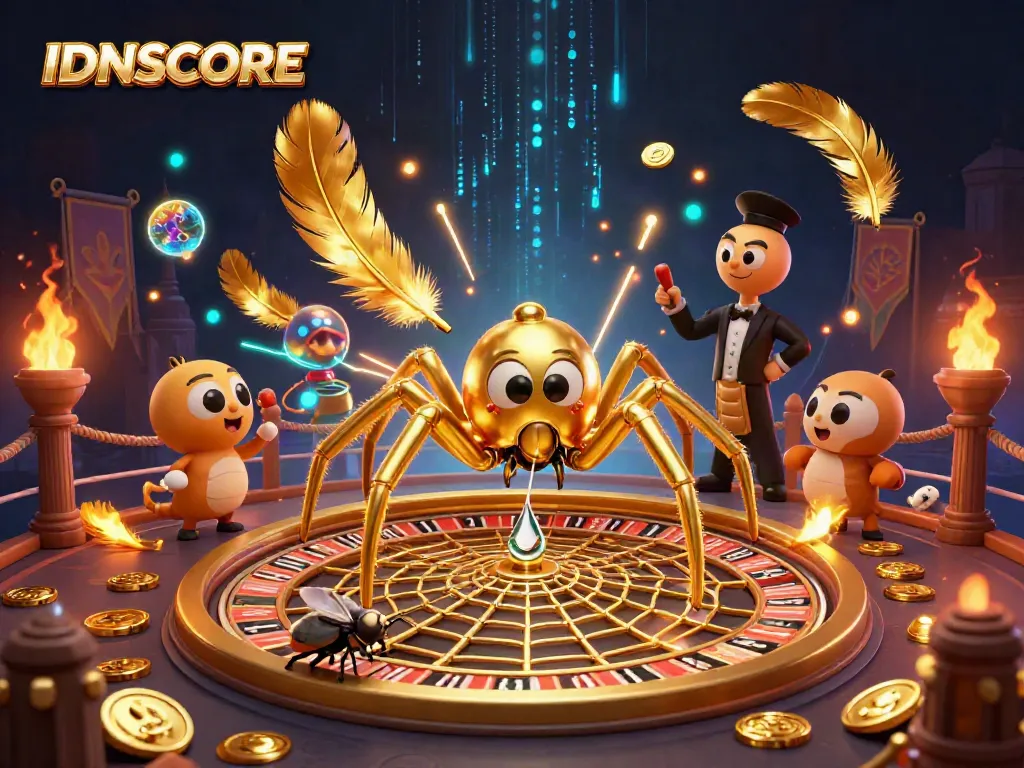 Experience thrilling gameplay at IDNSCORE, illustrated with a golden spider spinning a roulette web and colorful gaming elements.