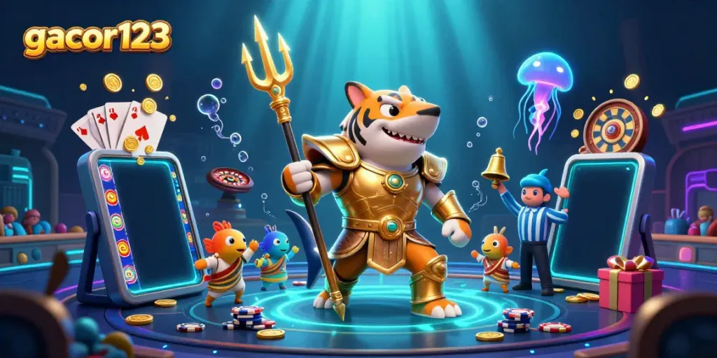 Experience the thrill of gacor123 with dynamic gaming elements in a vibrant underwater scene.