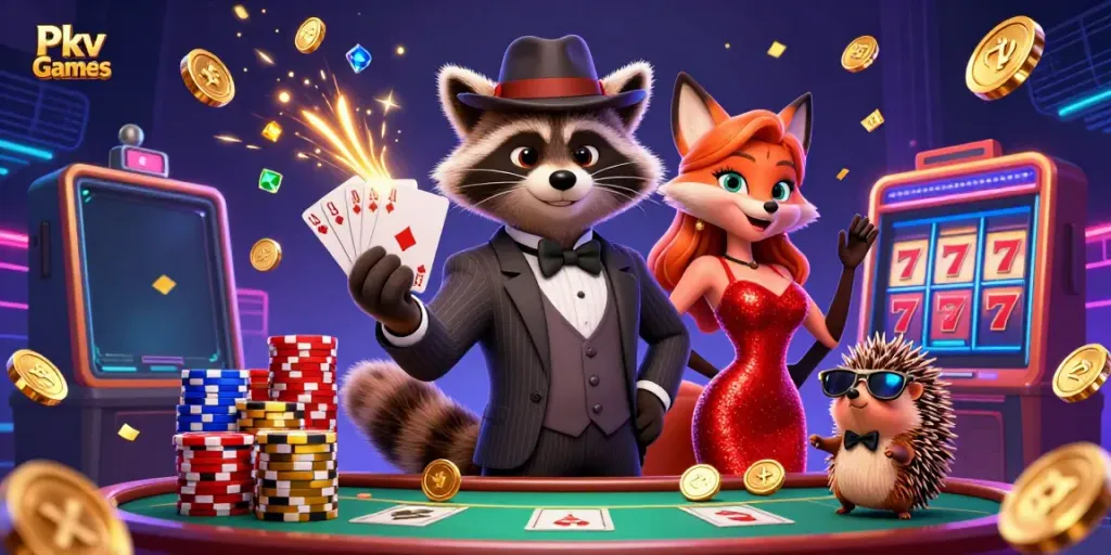 Pkv Games brings excitement with a raccoon, fox, and hedgehog in a vibrant casino scene.