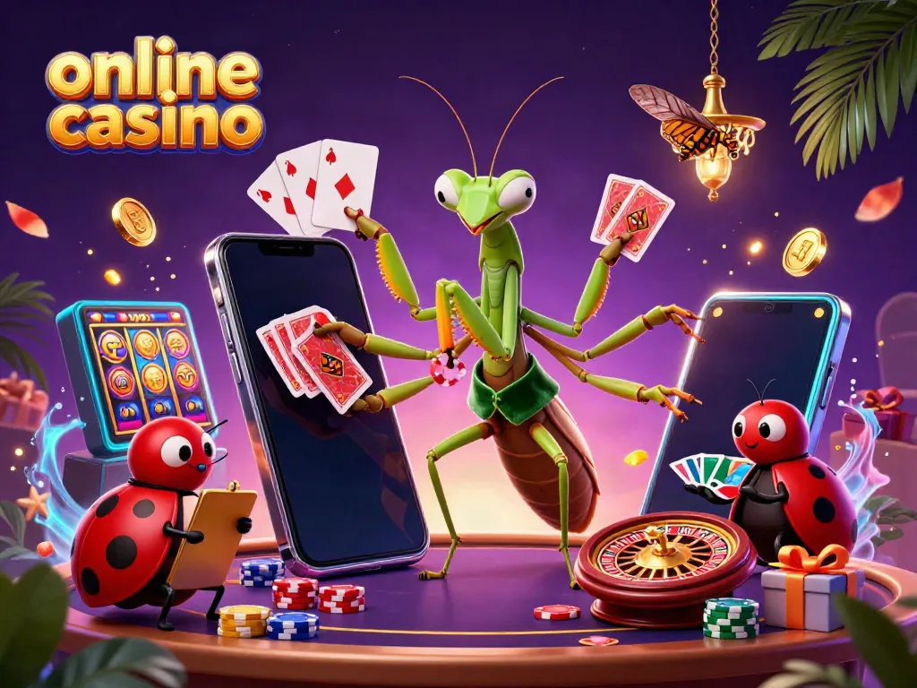 Colorful online casino scene with a praying mantis dealer and ladybug pit boss surrounded by gaming elements.