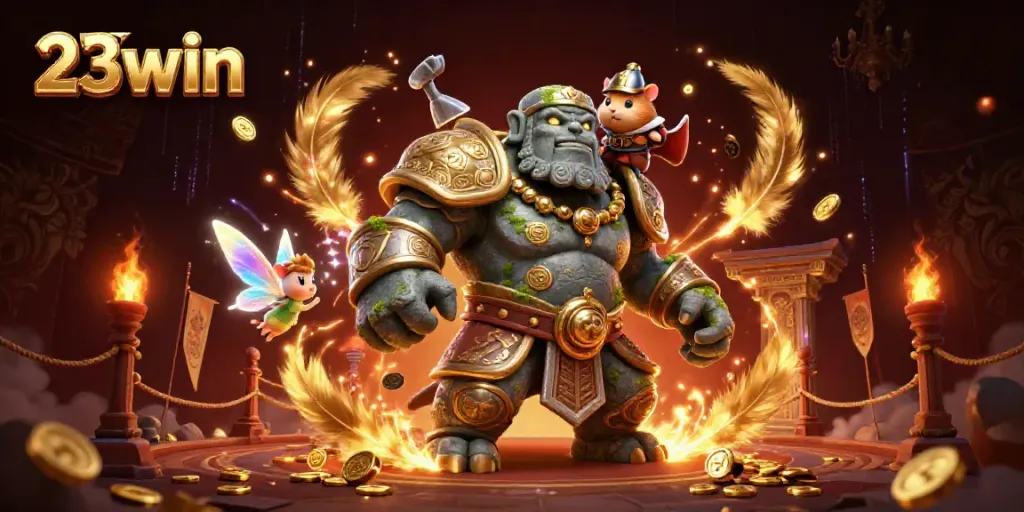 Engage with thrilling 23win fantasy scene featuring a magical golem, fairy, and hamster knight