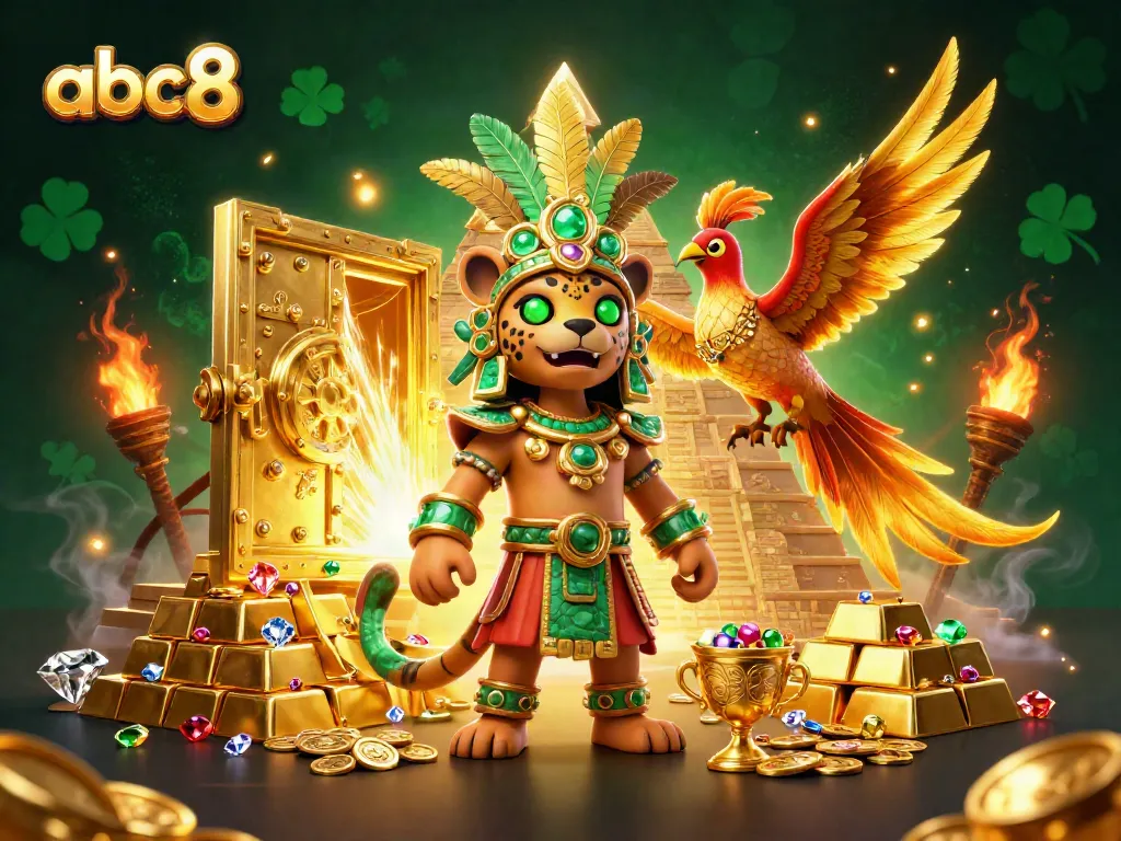 Experience the excitement of abc8 with a vibrant 3D casino illustration of epic treasures and characters.