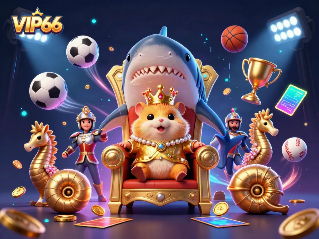 Experience thrilling gaming with VIP66's vibrant casino elements, featuring a golden hamster king and dynamic sports action.