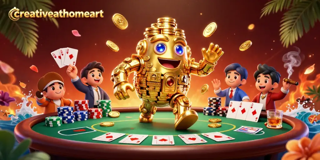 Engaging scene showcasing creativeathomeart with a golden golem and poker elements in a vibrant casino backdrop