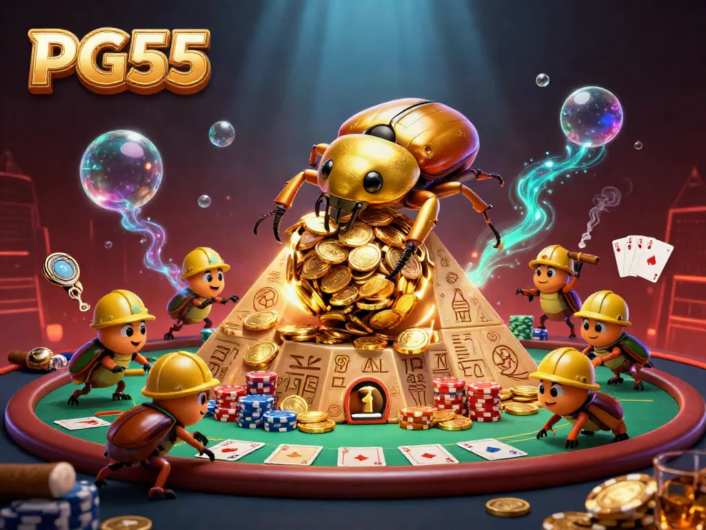 Engage in thrilling casino action with PG55-themed golden beetles and vibrant gaming elements.