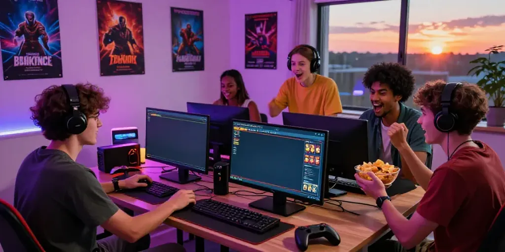 Group of friends enjoying pesgslot online gaming in a cozy living room.