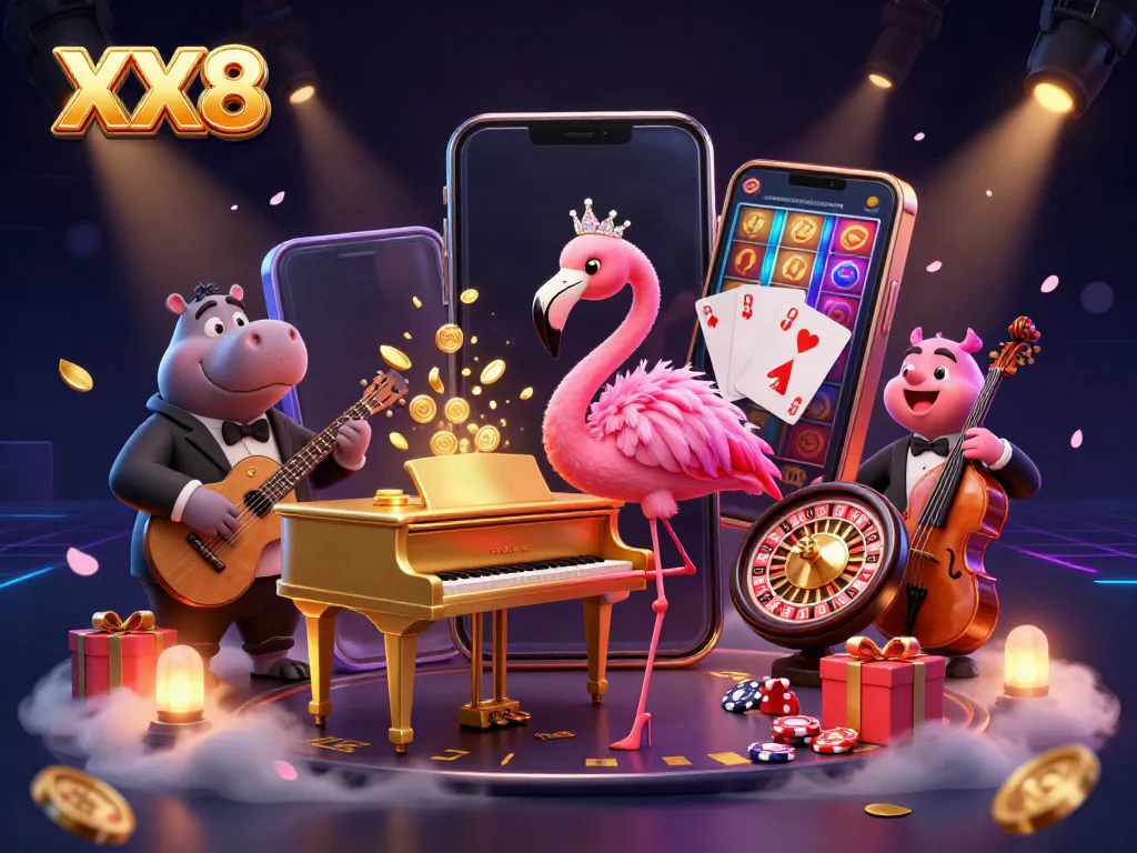Experience the vibrant world of XX8 with a dynamic casino scene featuring playful characters and gaming excitement.