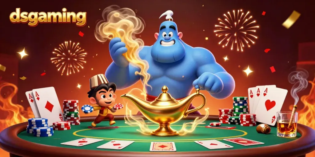 Experience captivating gameplay with dsgaming's vibrant 3D genie scene featuring poker elements.