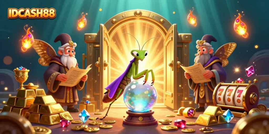 Experience thrilling gameplay with IDCASH88 in a vibrant 3D illustration featuring characters, treasures, and slot elements.