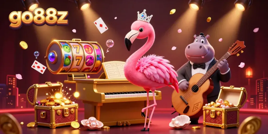 Experience exciting gameplay with go88z's vibrant 3D casino scene featuring lively characters and slot elements.