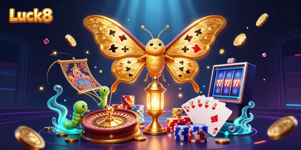 Experience the excitement of Luck8 with vibrant casino elements and enchanting characters in this vivid illustration.