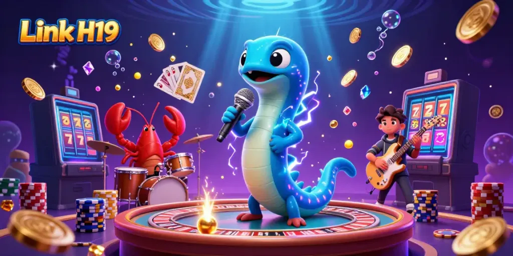 Experience the thrill at Link H19 with vibrant underwater casino gaming, featuring dynamic characters and sparkling elements.