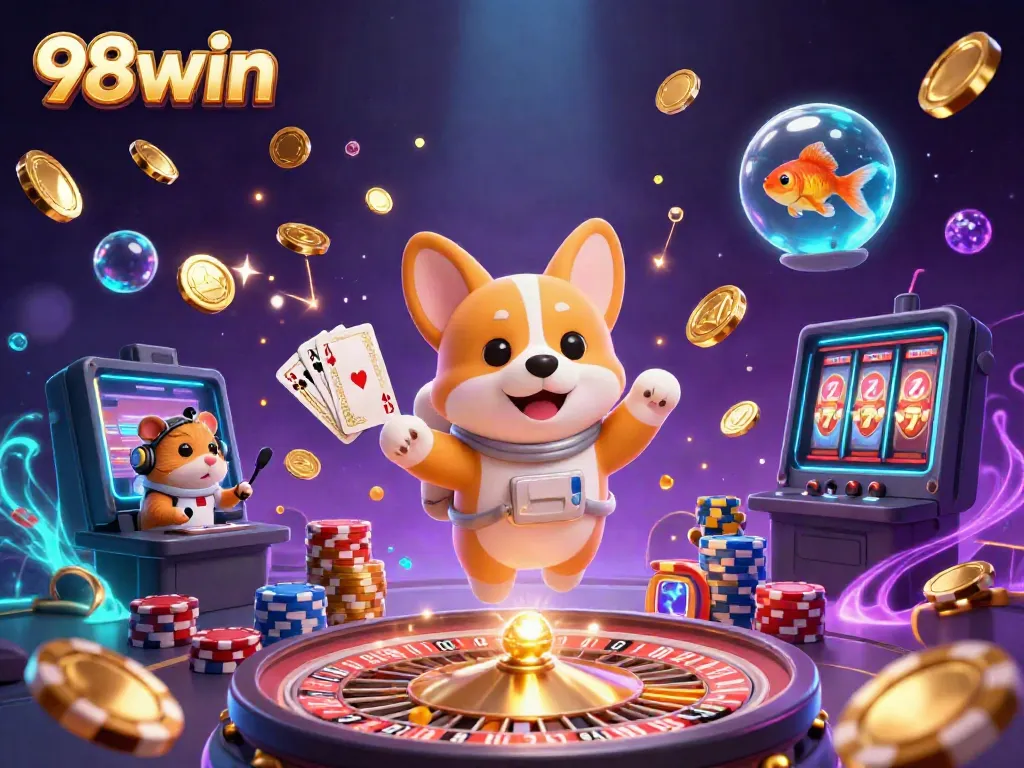 Engage with 98win's thrilling casino adventure featuring floating poker chips and golden coins.