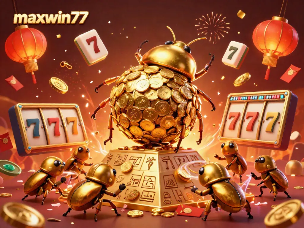 Experience winning excitement with maxwin77, featuring a golden beetle rolling coins in a vibrant casino scene.