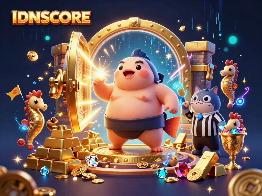 Engage with IDNSCORE's vibrant underwater casino scene featuring a puffed fugu and wise catfish referee.