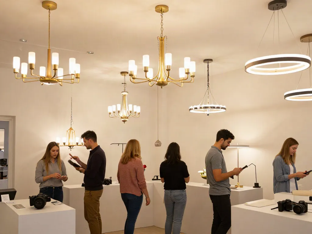 Lustre LED moderne expuse într-un showroom local, cu servicii profesionale și aspect prietenos.
