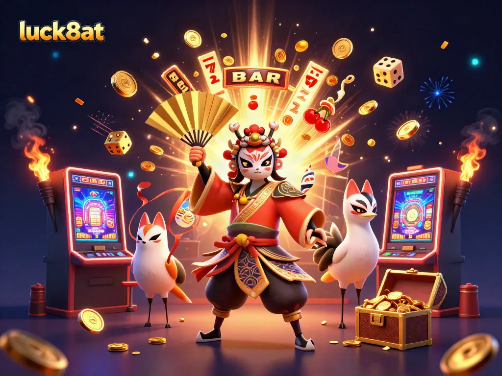Engage with luck8at's vibrant casino experience featuring colorful slot game elements and dynamic characters.