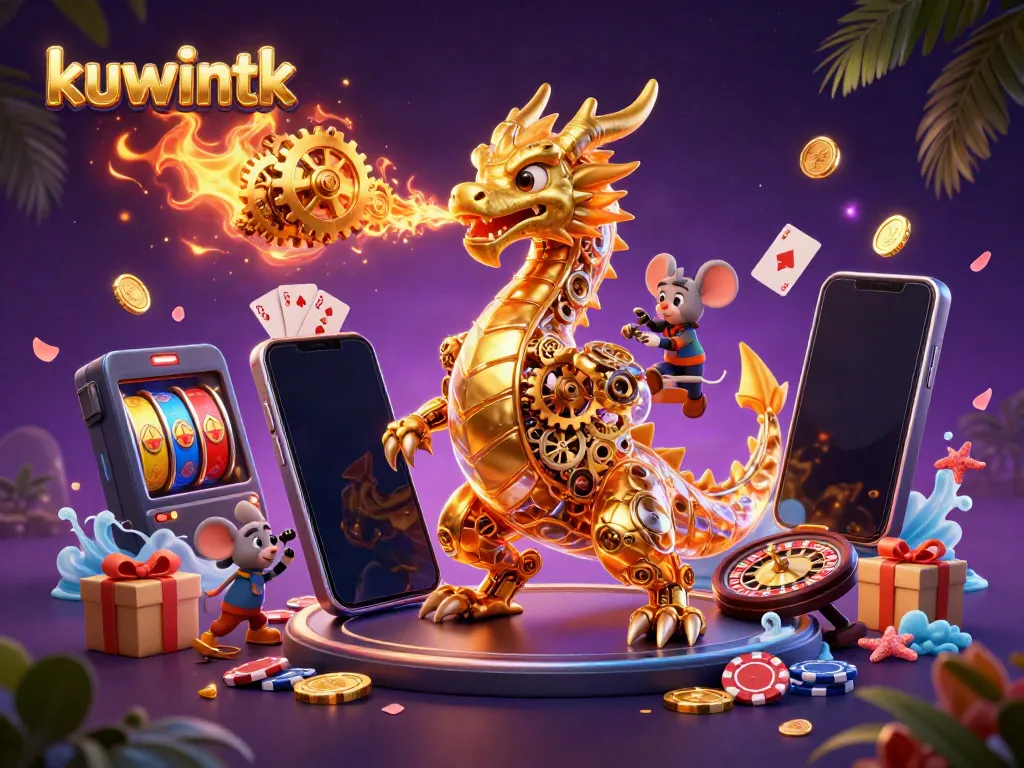 Engage with kuwintk's vibrant casino world featuring a dragon, gold, and slot games.