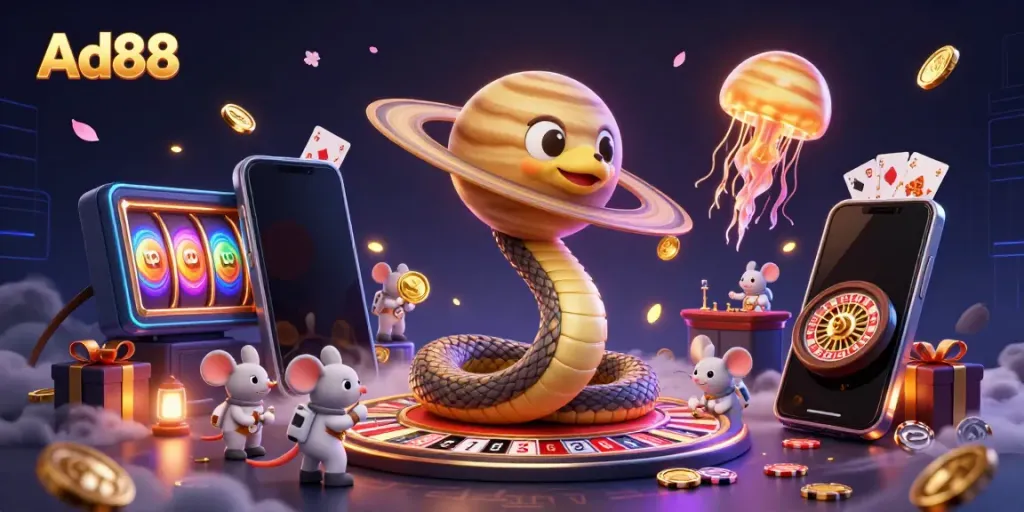 Ad88 captivates gamblers with a vibrant casino scene featuring a cosmic roulette wheel and animated characters.