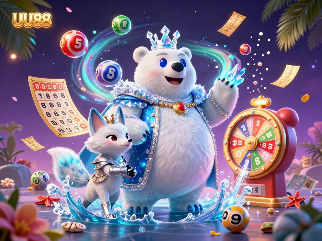 Engage with UU88's online gaming adventures featuring vibrant lottery elements and a royal polar bear character.