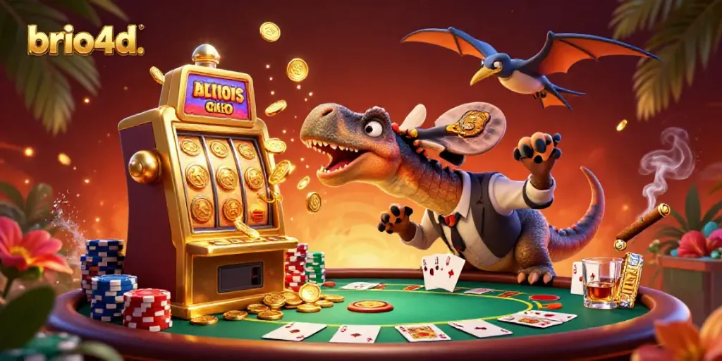 Watch the brio4d pachycephalosaurus activate a golden slot machine, showering coins in this vibrant casino scene.