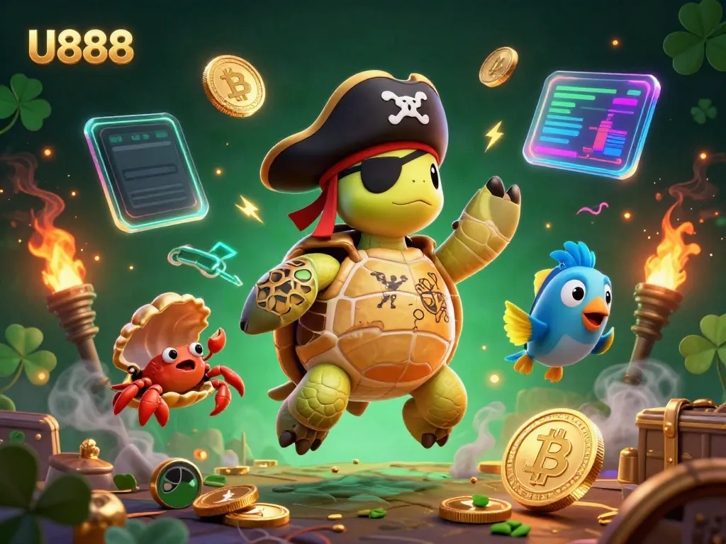 Experience thrilling fun at U888 with lively characters surrounded by shimmering crypto elements and vibrant casino themes.