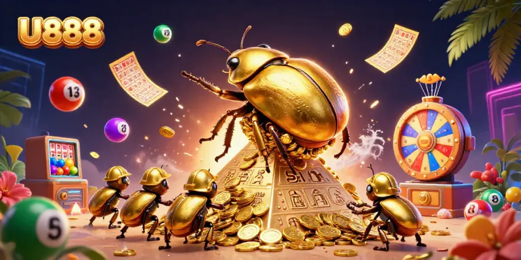 Spin to win with U888: an exciting 3D scene of golden beetles rolling coins and vibrant lottery elements.