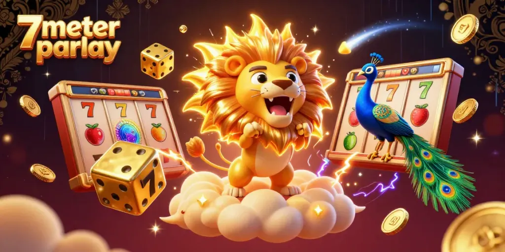 Experience the thrilling game world of 7meter parlay, featuring a vibrant lion and golden dice.