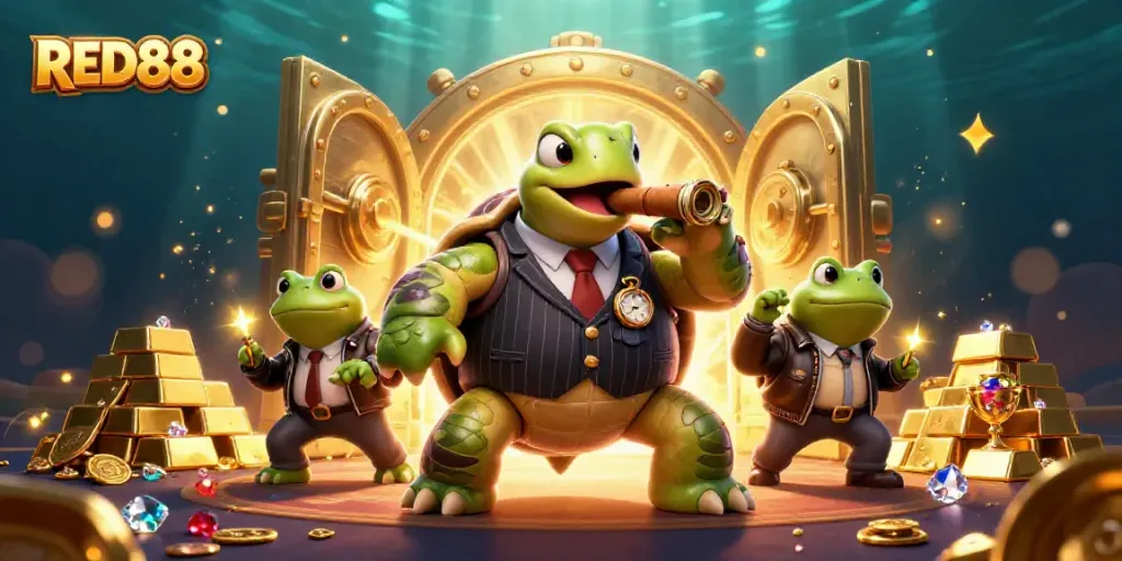 Engage in thrilling gameplay at RED88 casino with a vibrant illustration of a turtle mobster and frog enforcers.