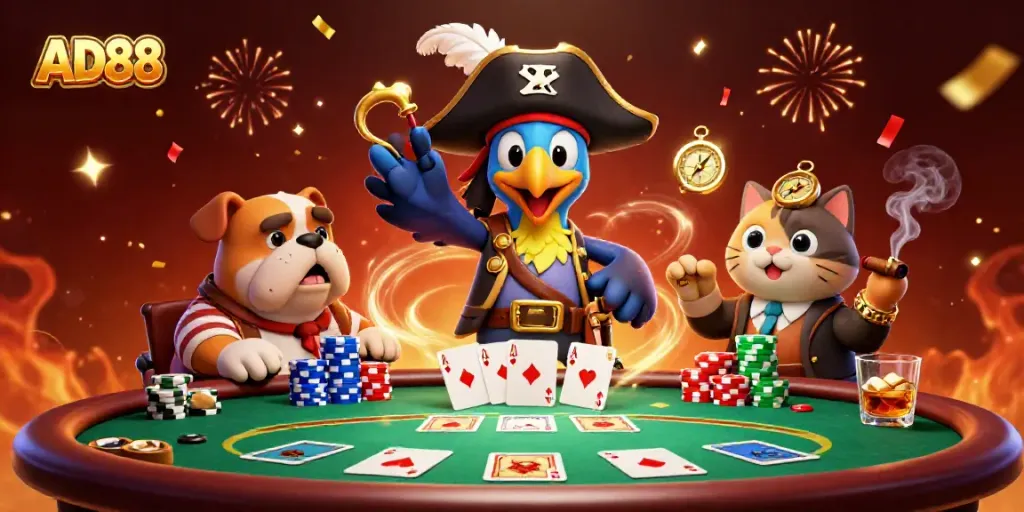 Experience AD88's thrilling casino adventures with a pirate captain, bulldog first mate, and a cat navigator.