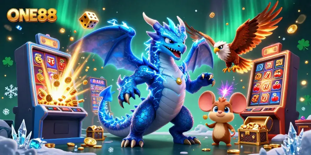 Engage with ONE88's thrilling casino experience featuring a thunder dragon and dynamic jackpots.