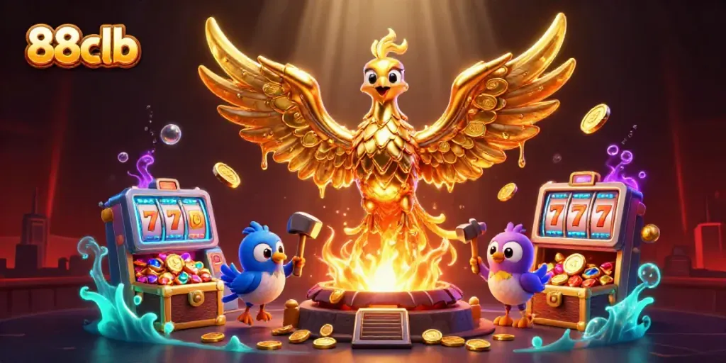 Engage in thrilling gameplay with the 88clb golden phoenix amidst a casino-themed explosion of treasures.
