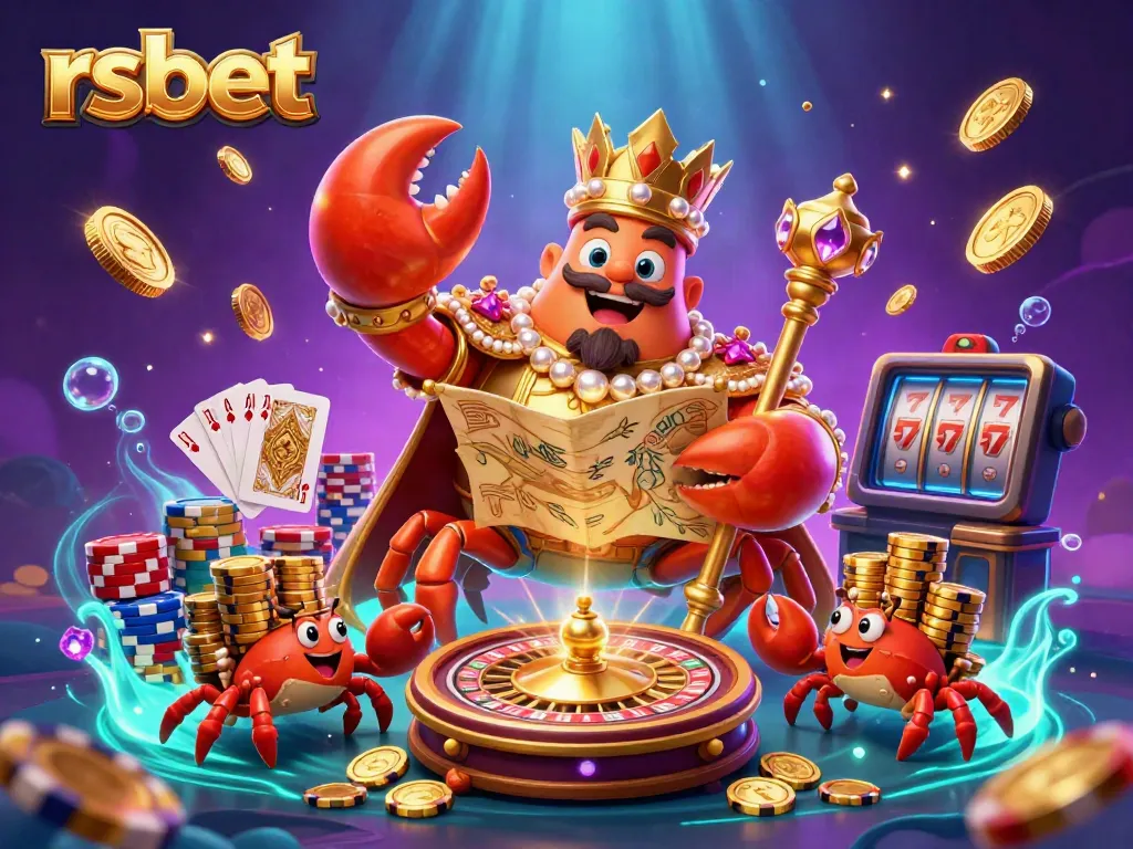 Experience the vibrant 3D world of rsbet, featuring a golden crab emperor and exciting casino elements.