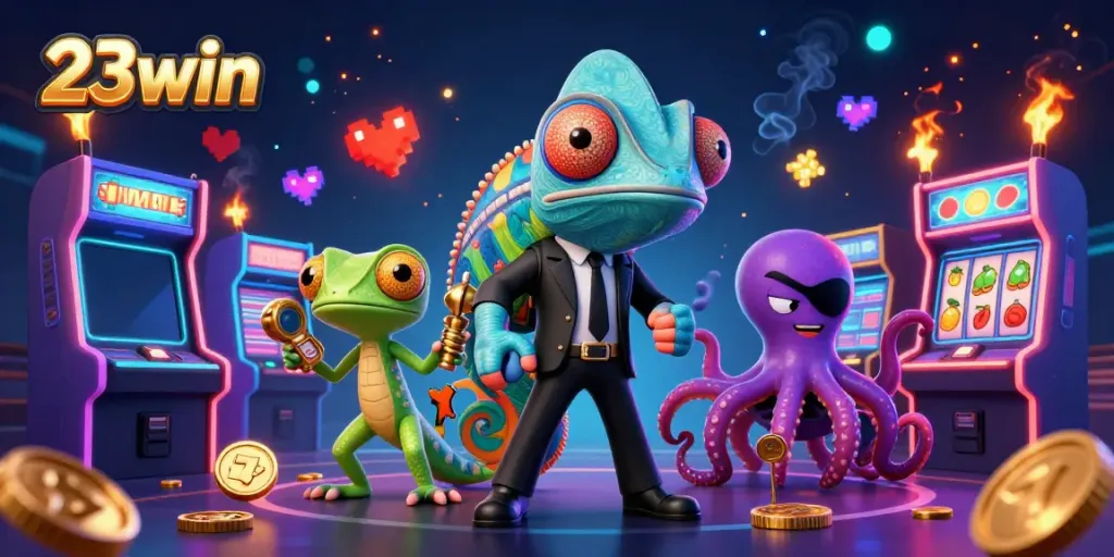 Experience the excitement of 23win with vibrant characters interacting in a colorful casino-themed illustration.