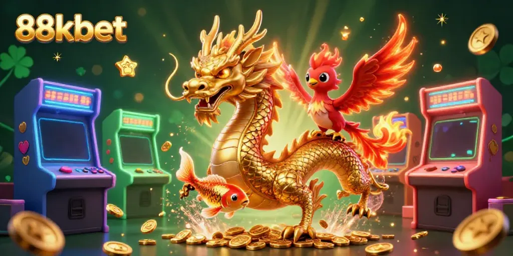 Experience excitement with 88kbet's dynamic casino scene featuring a golden dragon and lucky koi fish.