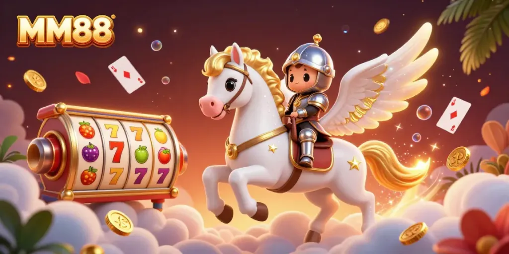 Experience the thrill of MM88 with a knight and celestial horse amidst dynamic slot game elements.