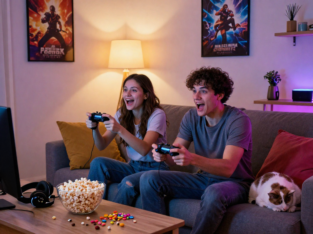 Couple playing game sex on console in cozy living room, showcasing vibrant gaming atmosphere.