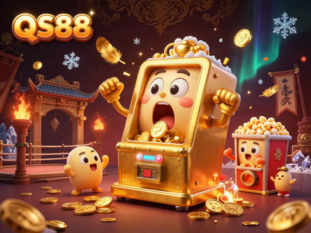 Experience thrilling moments at QS88 with a winning golden slot machine celebrating its jackpot amidst cheering baby machines and festive elements.