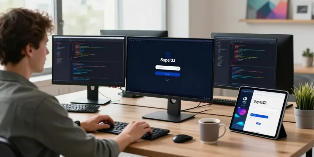Accessing Super33 login on a sleek monitor in a bright tech workspace.