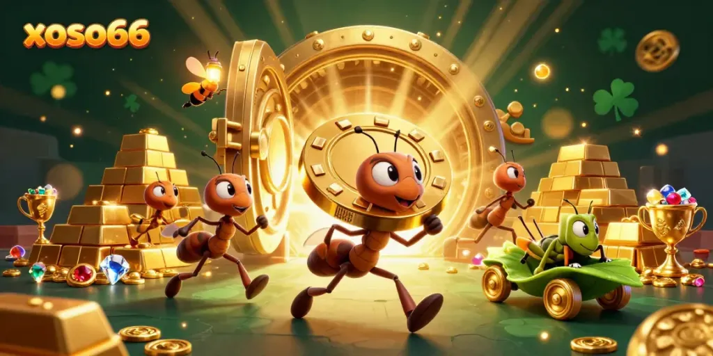 Engaging heist scene with xoso66 characters stealing a giant poker chip amid treasures, showcasing vibrant details.