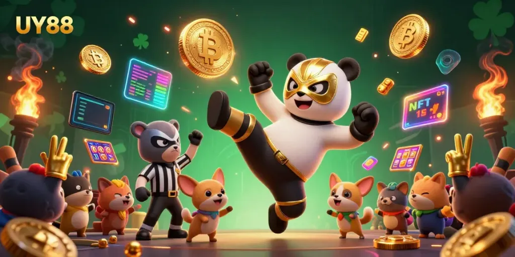 Experience winning at UY88 with an exciting casino scene featuring vibrant 3D cartoon characters and neon elements.