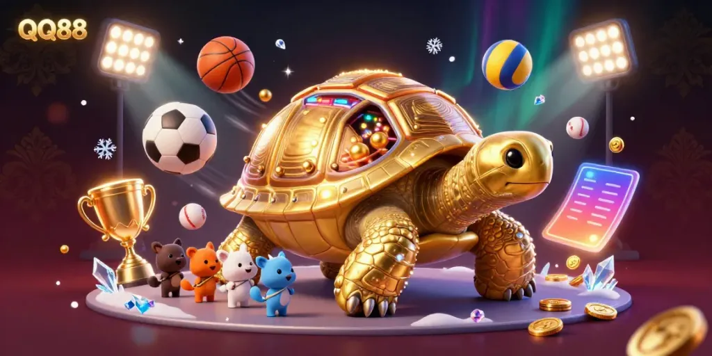 Experience the excitement of QQ88 with a vibrant gaming scene featuring a golden tortoise pinball machine.