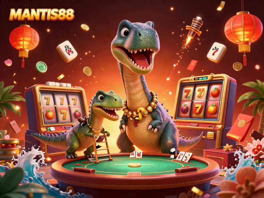Engage with MANTIS88's thrilling slot games as a giant dinosaur looms over a vibrant casino scene.