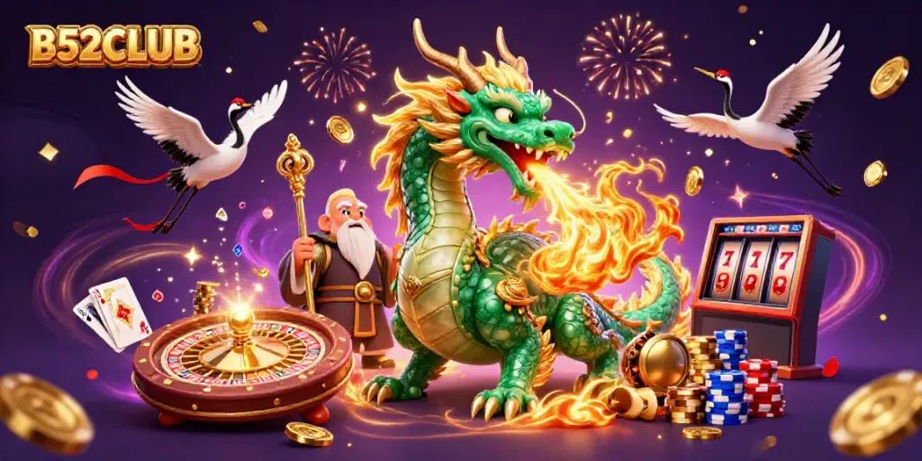 Experience exciting wins at B52CLUB with a vibrant 3D casino celebration full of dragons and fortune.