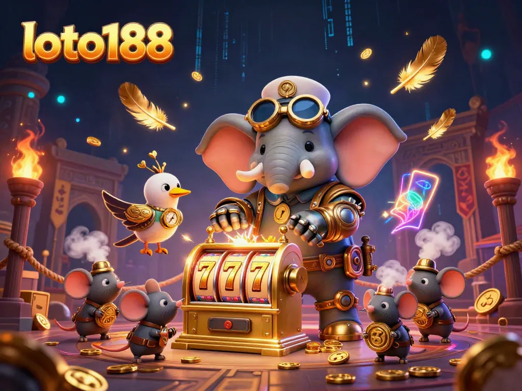 Engage in exciting gameplay with loto188 featuring a captivating 3D steampunk elephant operating a golden slot machine.