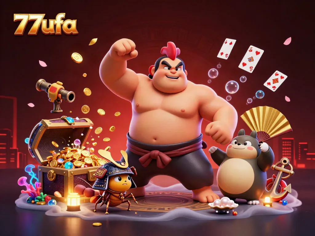 Experience thrilling moments of 77ufa with powerful characters in a vibrant casino illustration.