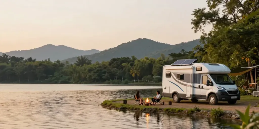 A couple enjoying RV life with an rv lithium battery setup by the lake during sunset.
