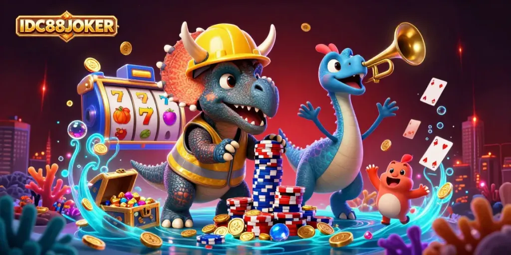 Experience vibrant gaming action at IDC88JOKER with lively characters and casino elements celebrating together.