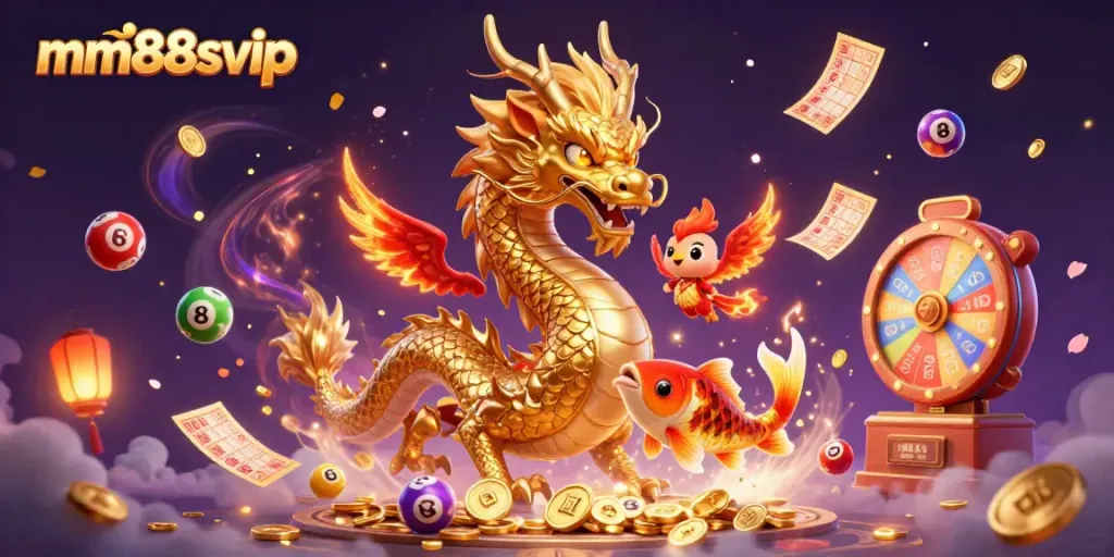 Engage with mm88svip's thrilling world featuring dynamic lottery elements surrounded by vibrant casino characters.