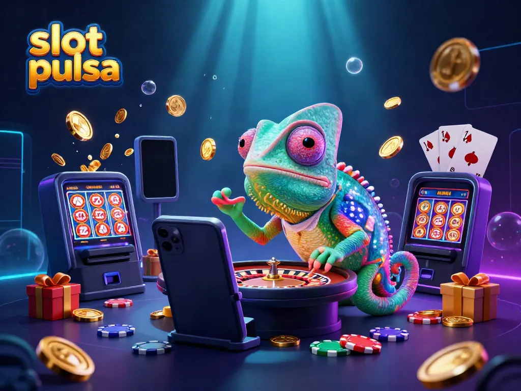 Ambil kemenangan besar di slot pulsa dengan ilustrasi kasino yang menampilkan chameleon pemilik kasino.